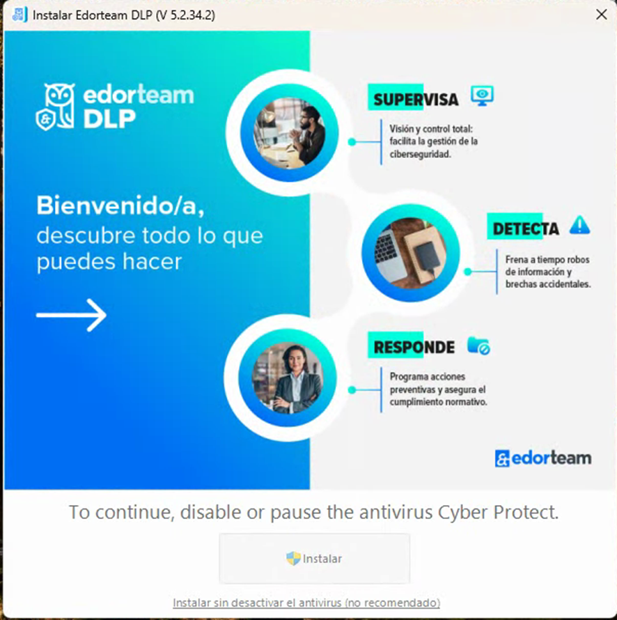 Pantalla de instalación de EdorTeam DLP con opción Instalar