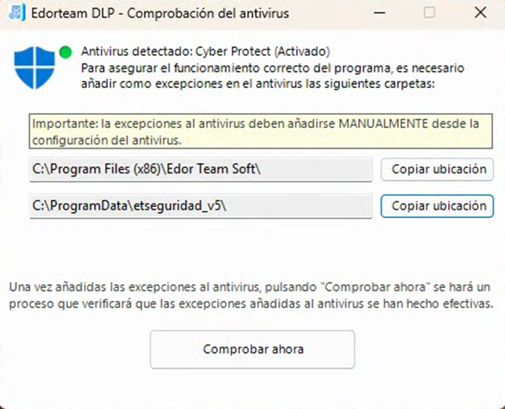 Rutas detectadas por el instalador de EdorTeam DLP para excluir del antivirus