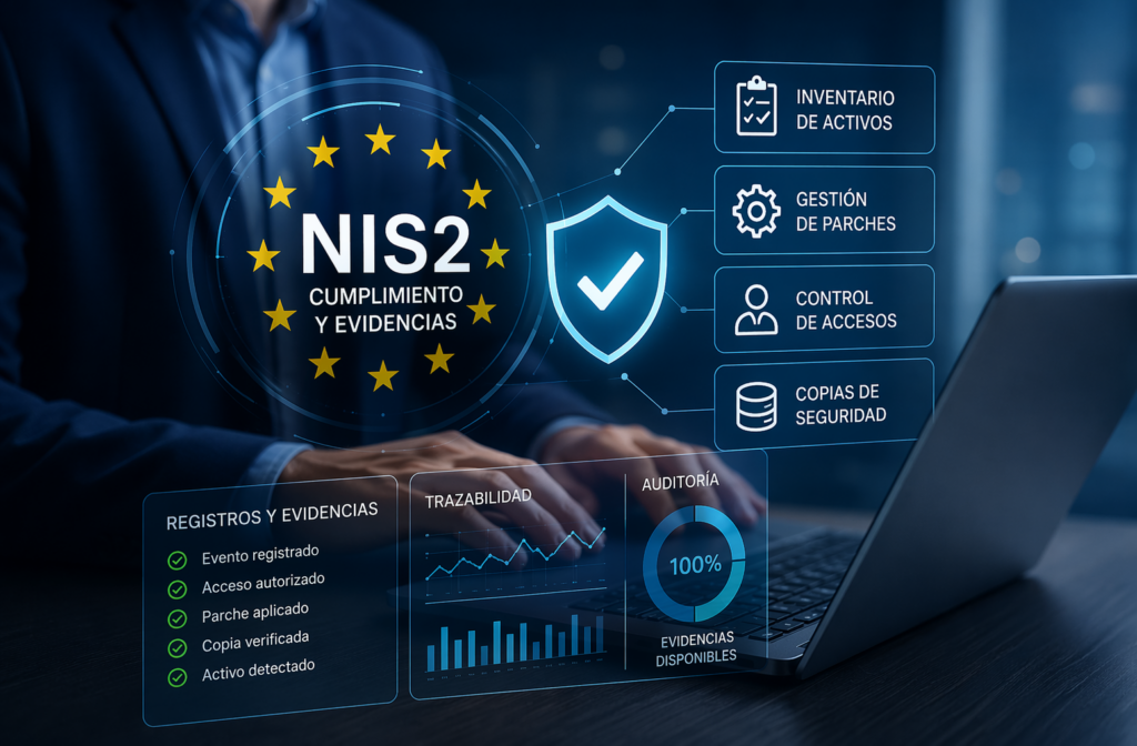 Cumplimiento NIS2 con evidencias de ciberseguridad, control de accesos, parches y gestión de activos