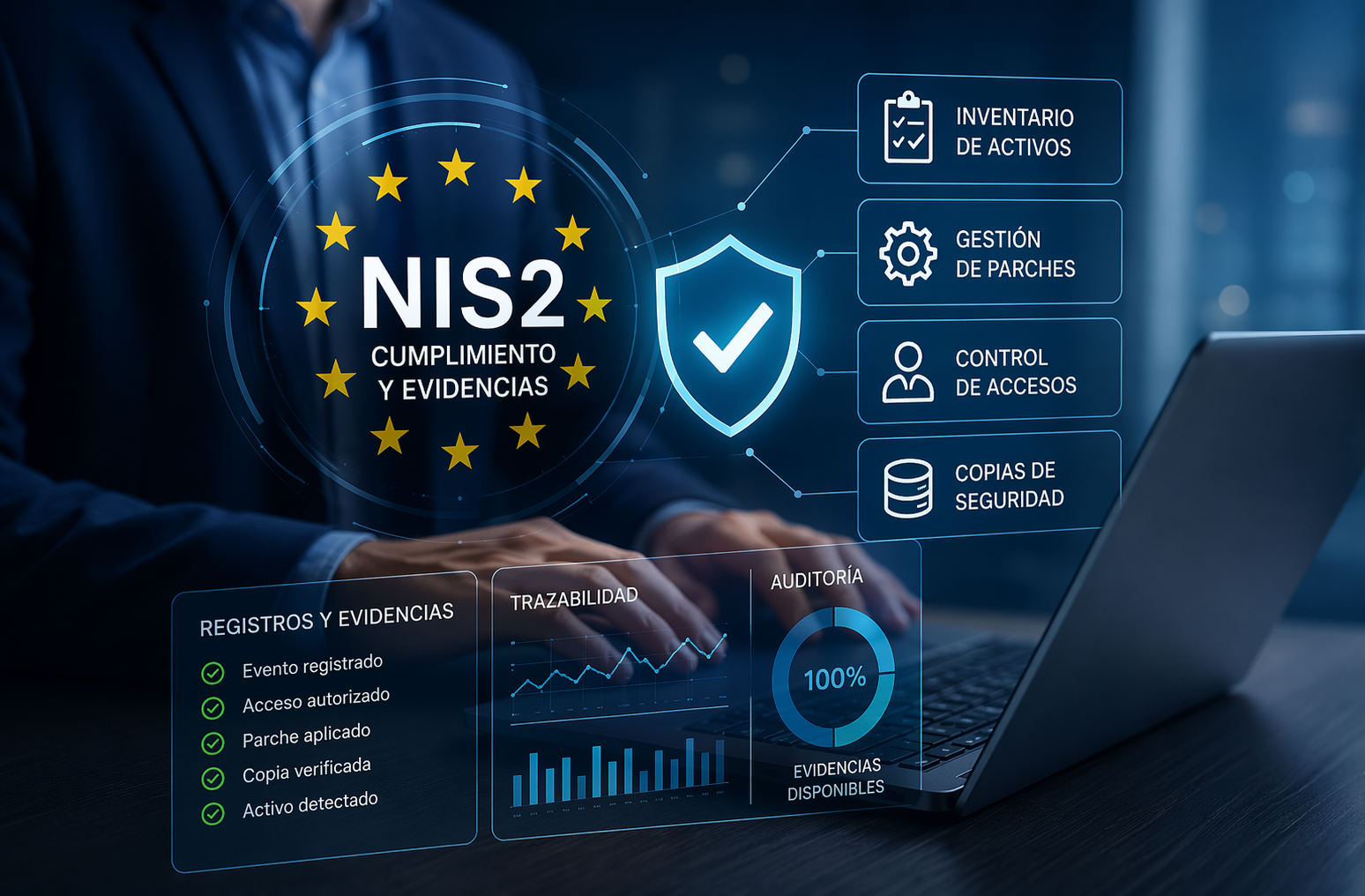 Cumplimiento NIS2 con evidencias de ciberseguridad, control de accesos, parches y gestión de activos