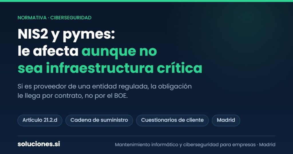 Gráfico sobre la NIS2 en pymes: la obligación llega por contrato a los proveedores de entidades reguladas, con mención al artículo 21.2.d y a la cadena de suministro